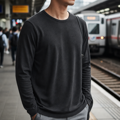 Long Sleeve Cotton Blend T-Shirt Crew Neck Solid Colour – Arlen