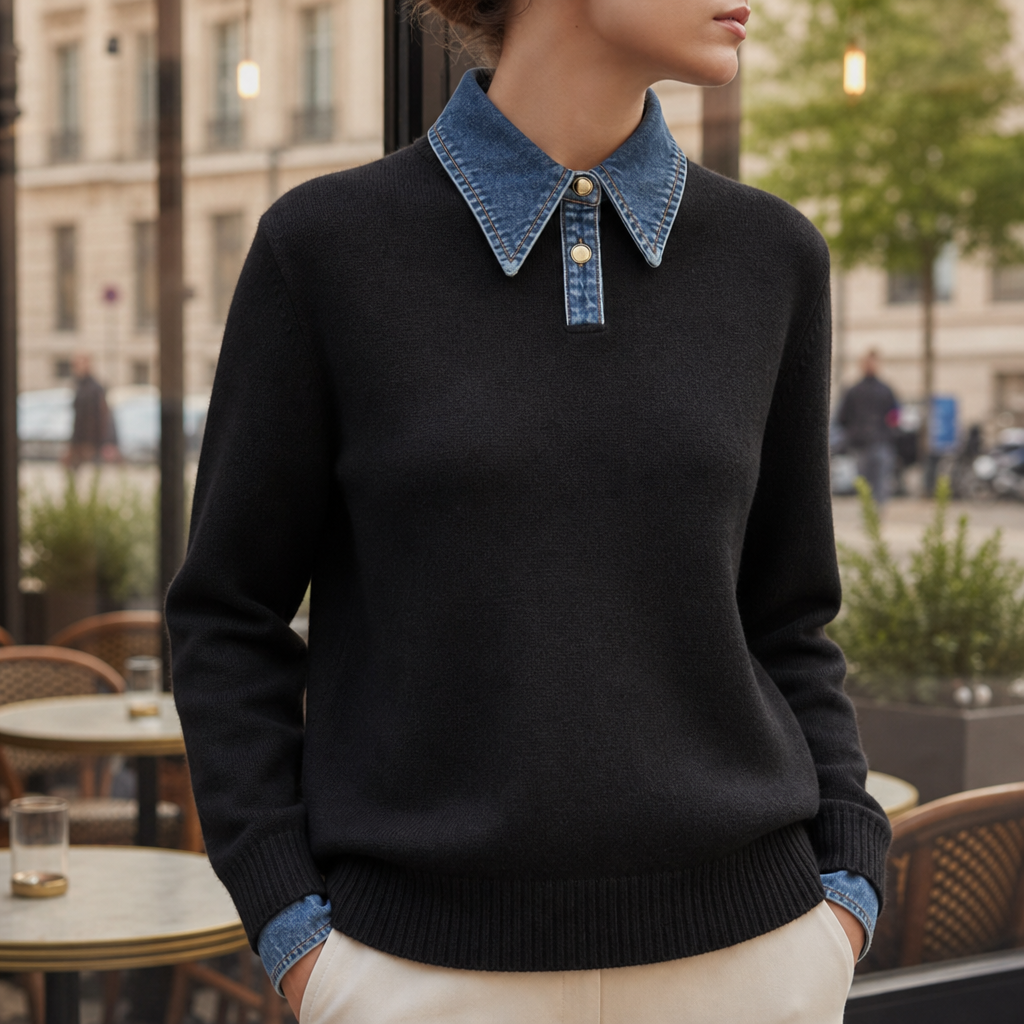 Women's Denim Collar Knit Sweater Relaxed Stretch Fit – Celeste