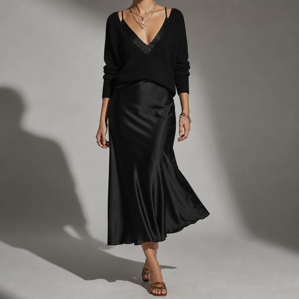 Women's Satin Midi Skirt And Cardigan Set Relaxed Fit – Marlowe