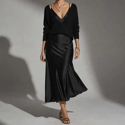 Women's Satin Midi Skirt And Cardigan Set Relaxed Fit – Marlowe