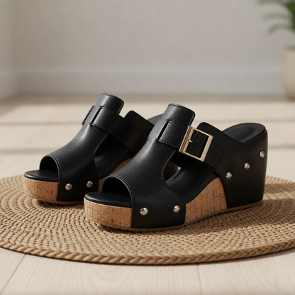 Women's Cork Wedge Platform Sandals Faux Leather Open Toe – Elara