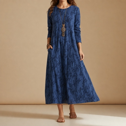 Women's Botanical Print Midi Dress Cotton Blend Relaxed Fit – Elara