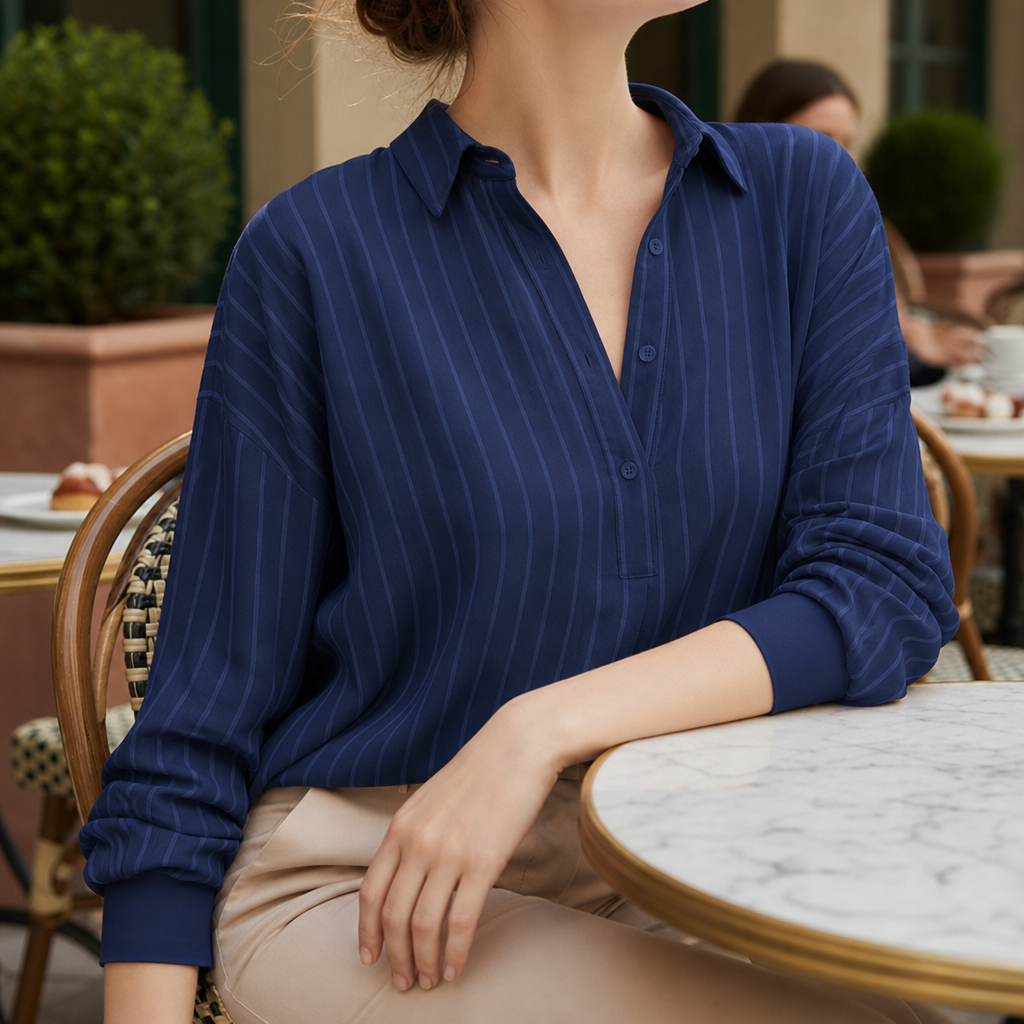 Striped Button-Up Blouse Long Sleeve Half-Placket – Maren