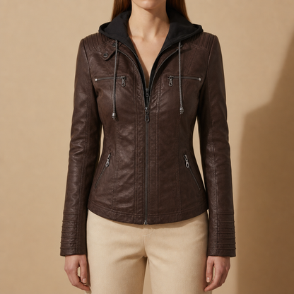 Hooded Faux Leather Jacket for Women with Suede Texture – Elara