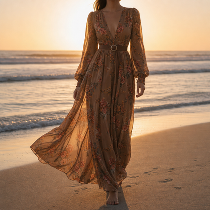 Women's Embroidered Boho Maxi Dress Viscose Blend Tiered Skirt – Amara