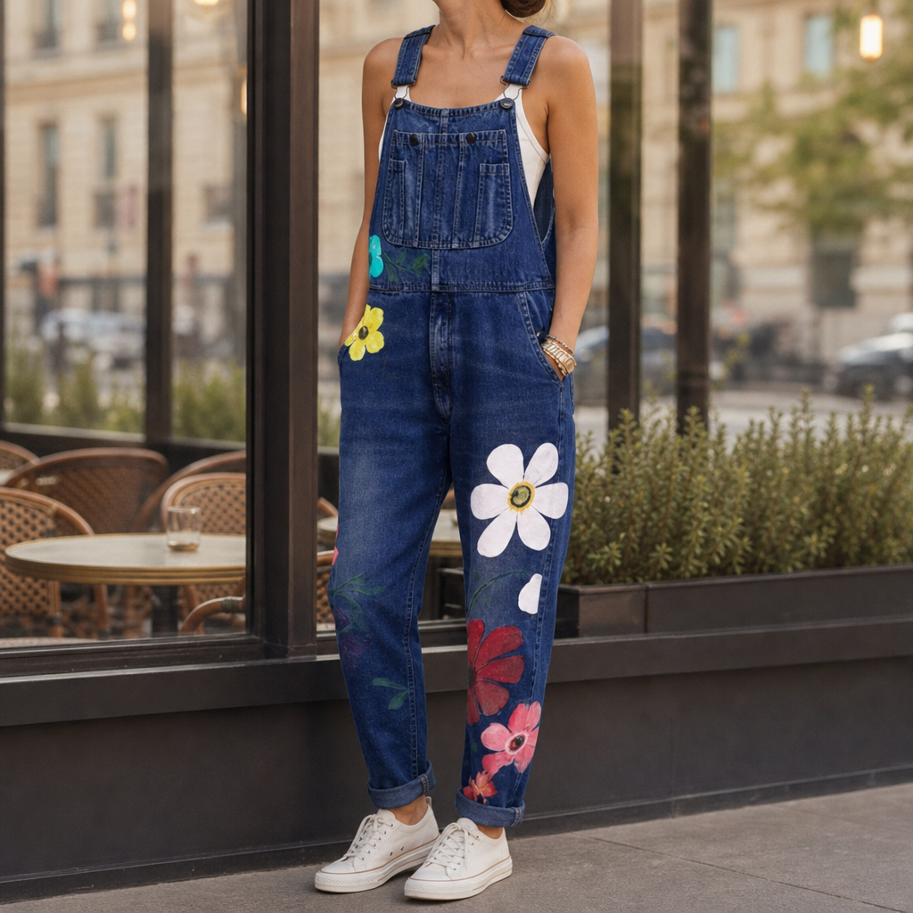 Women's Floral Denim Overalls Loose Fit Cotton Blend – Marlowe
