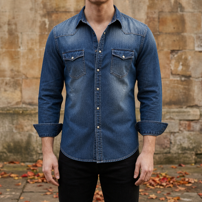 Denim Shirt Slim Fit Cotton Blend Button Front – Maren