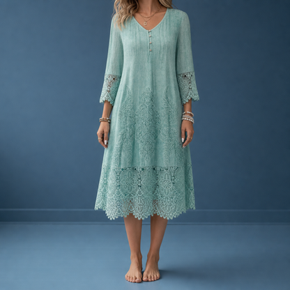 Women's Floral Midi Dress Lace Trim Relaxed Fit – Elara