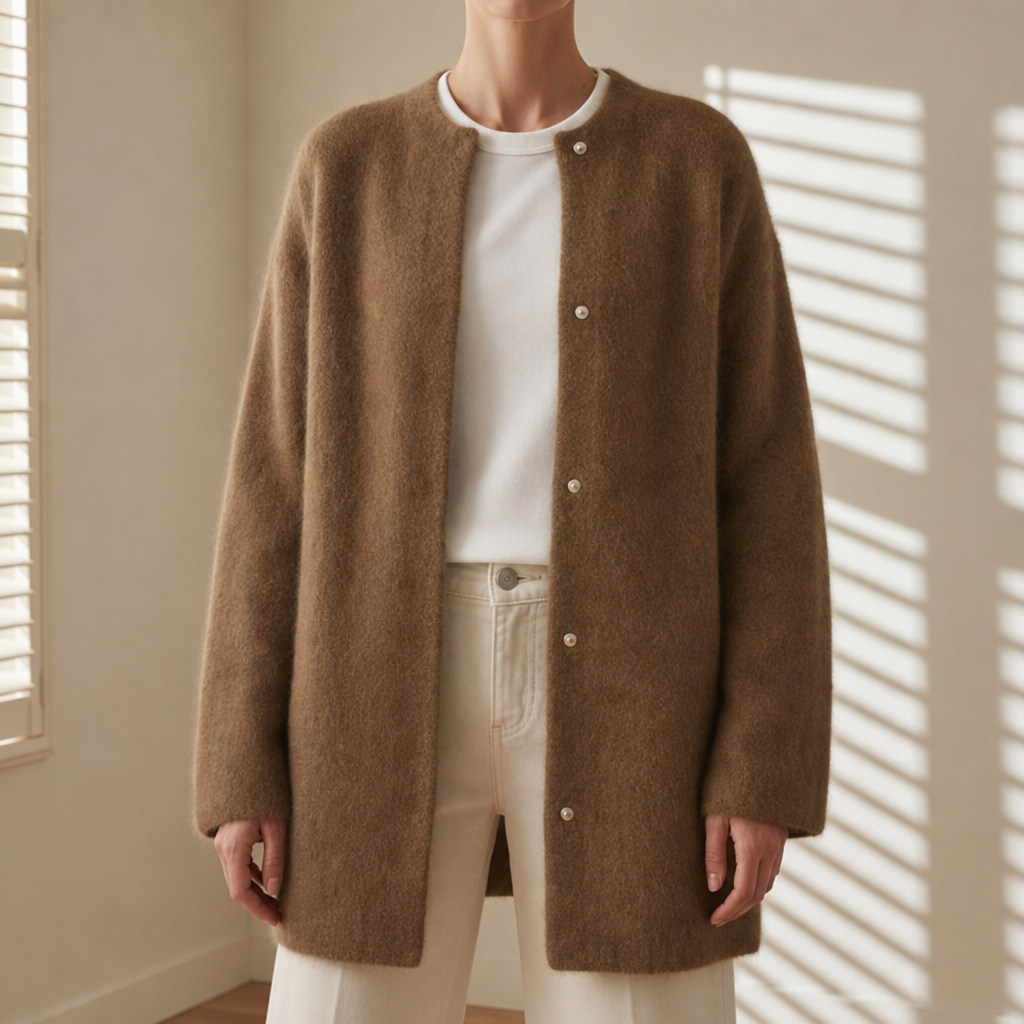 Oversized Wool Cardigan With Suede Accents Relaxed Open Front – Elara