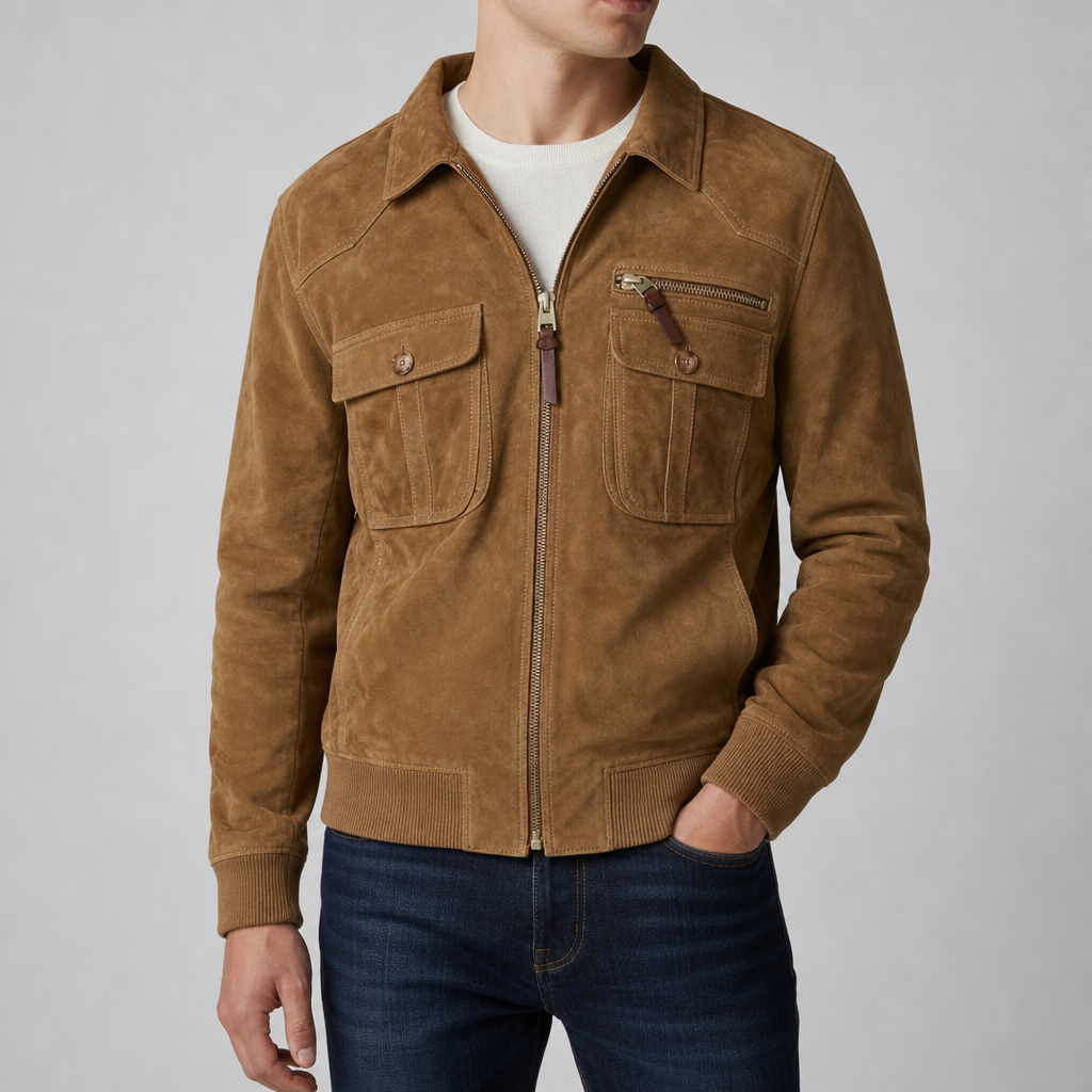 Faux Suede Bomber Jacket Retro Lapel Zippered Cuffs – Marlowe