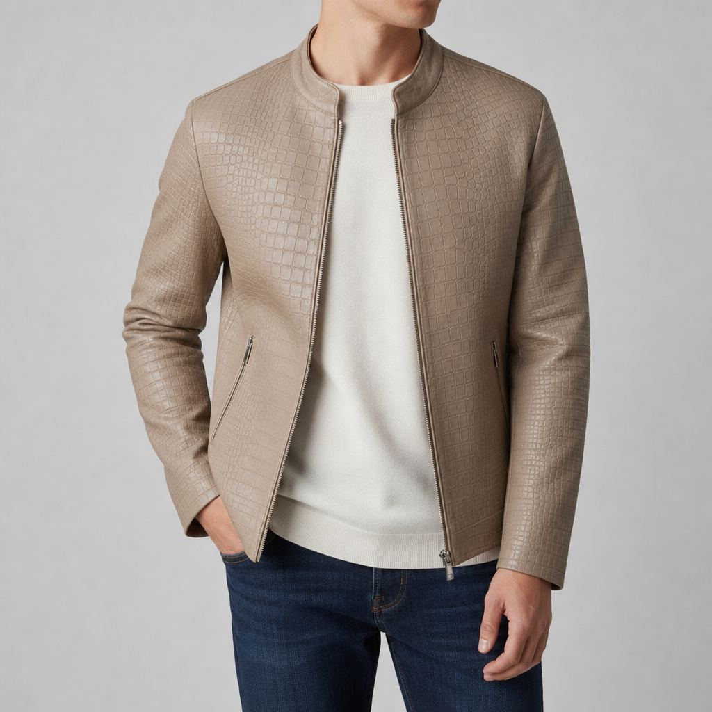 Croc Embossed Faux Leather Slim Jacket for Women – Elara