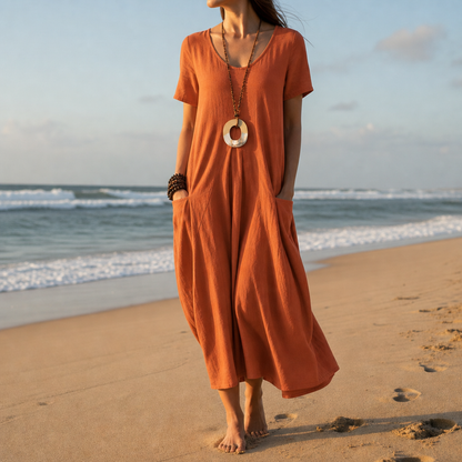 Women’s Relaxed Cotton Blend Midi Dress with Pockets – Maren