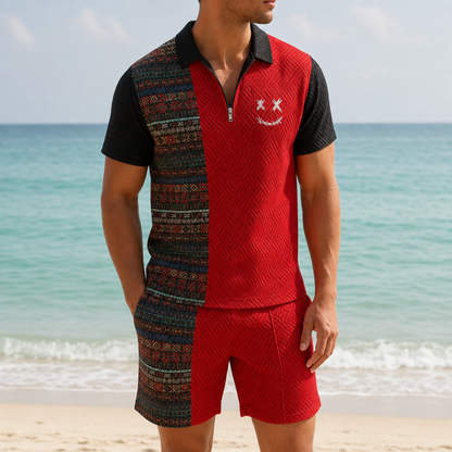 Cotton Blend Colorblock Polo Shorts Set With Smile Print – Mateo