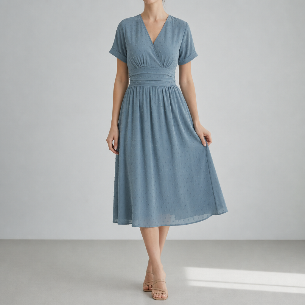 Women's Swiss Dot Wrap Midi Dress Pleated Waist V-Neck – Maren
