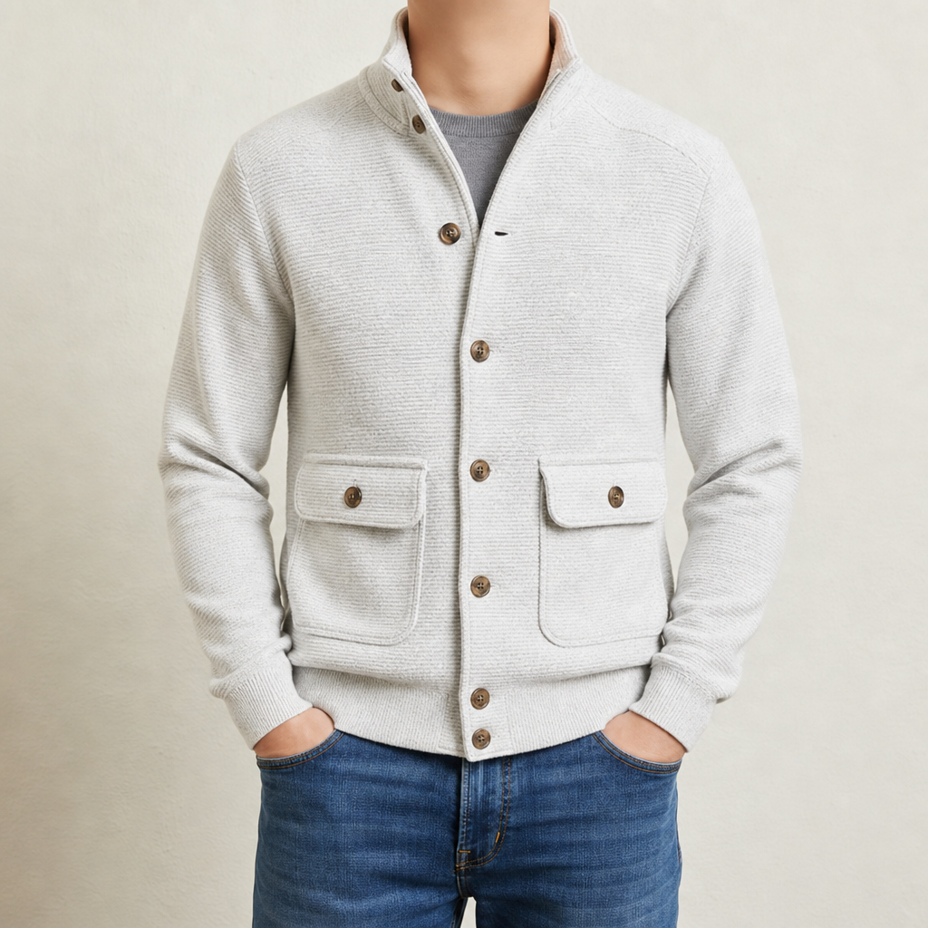 Women's Stand Collar Knit Jacket Smooth Polyester Blend – Elara