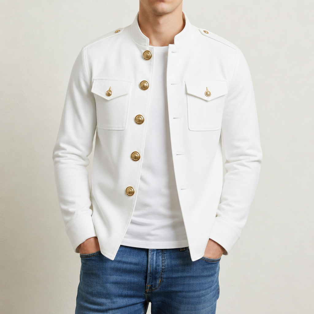 Cotton Stand Collar Button Jacket With Military Details – Arden