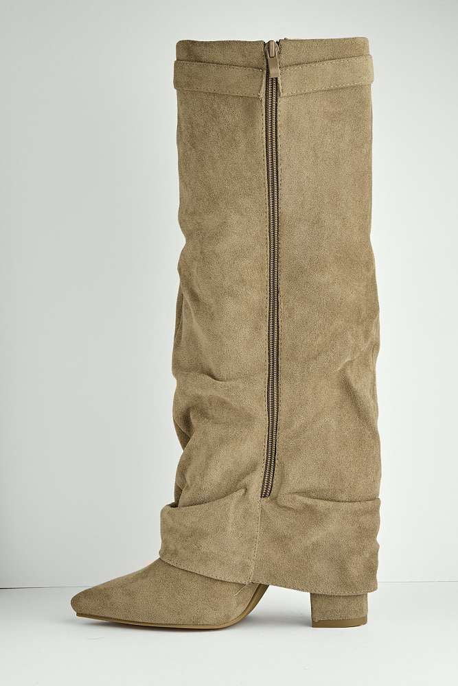Izel Taupe Suede Pointed Toe Block Heel Boots with Gold Trim Buckle and Ruched Detail