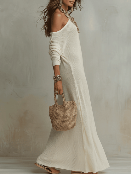 Robe maxi bohème ivoire douce à une épaule texturée