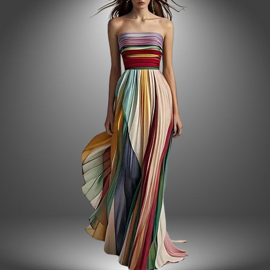 Abigail Strapless Colorful Pleated Lightweight Maxi Dress Fashion