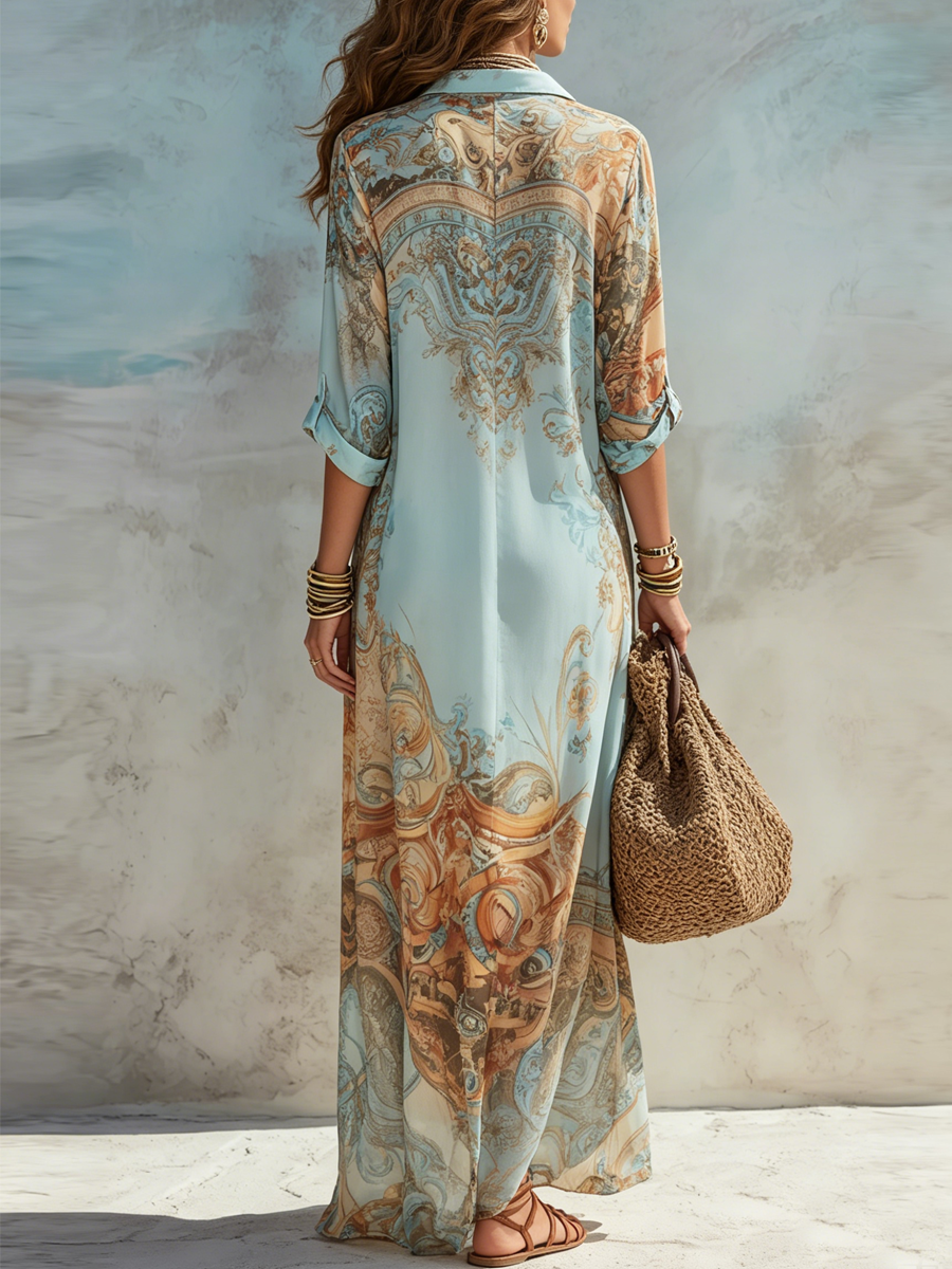 Robe maxi en mousseline bleue fleurie de style baroque
