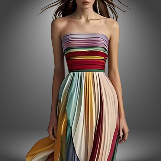 Abigail Strapless Colorful Pleated Lightweight Maxi Dress Fashion