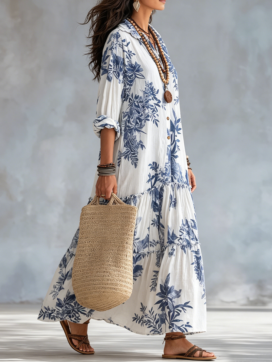 Robe maxi bohème chic bleue à fleurs avec détails boutonnés