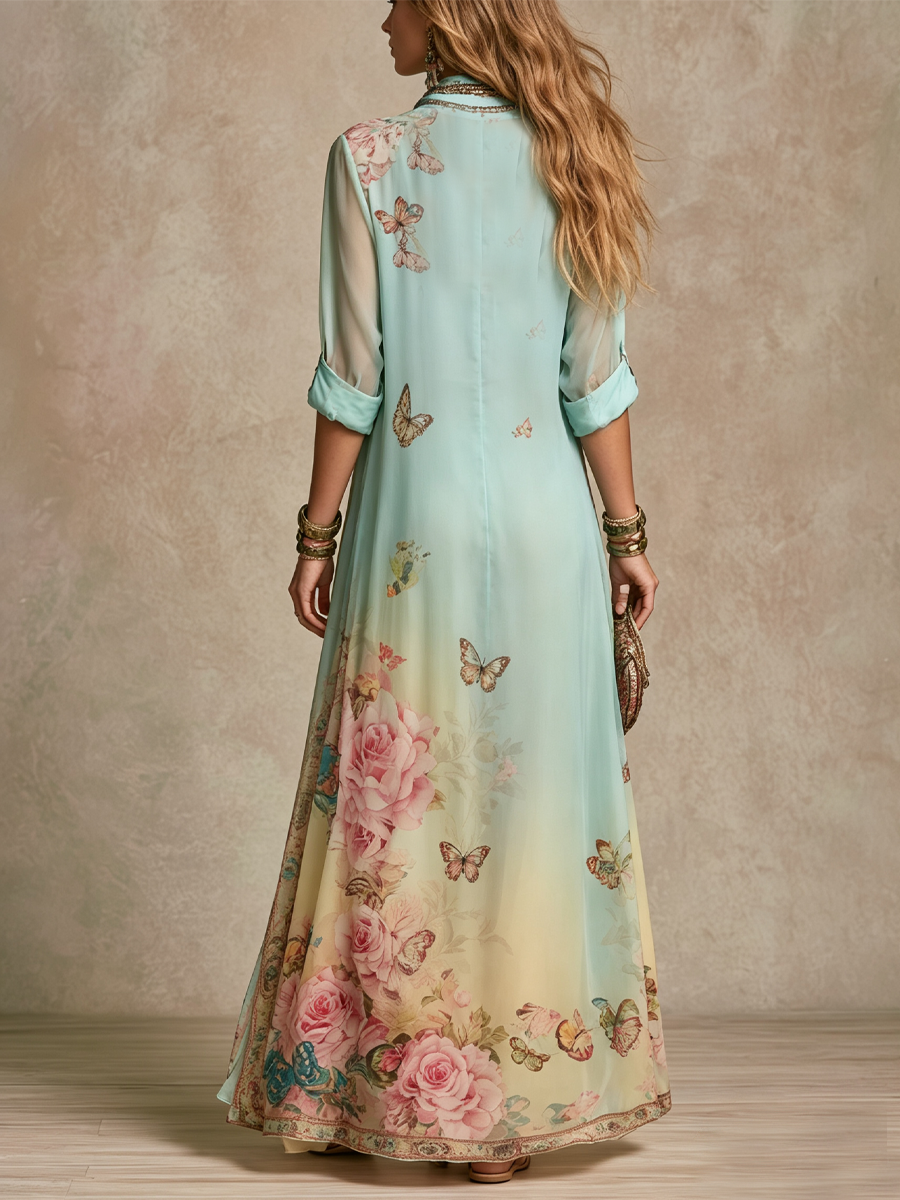 Robe maxi verte menthe fleurie de style baroque