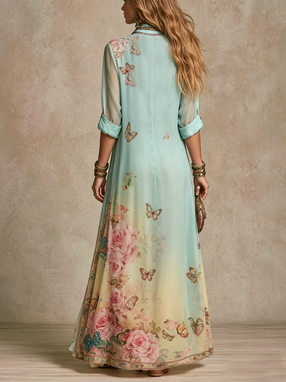 Robe maxi verte menthe fleurie de style baroque