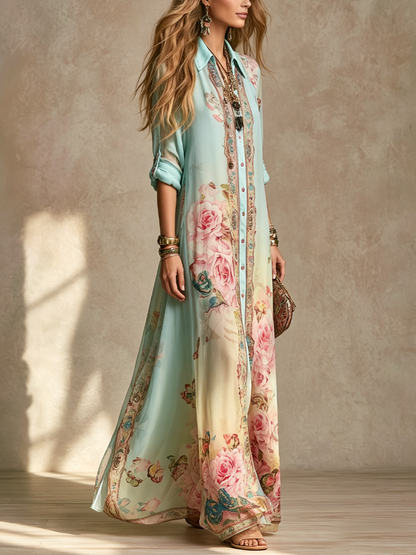 Robe maxi verte menthe fleurie de style baroque