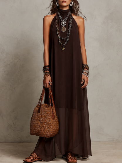 Robe longue minimaliste à col halter marron foncé