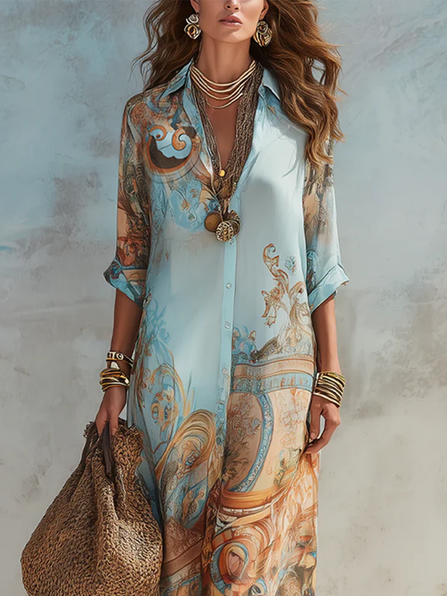 Robe maxi en mousseline bleue fleurie de style baroque