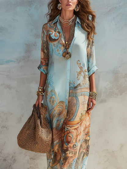 Robe maxi en mousseline bleue fleurie de style baroque