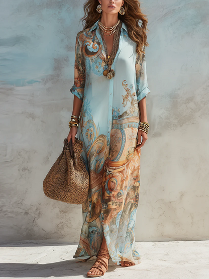 Robe maxi en mousseline bleue fleurie de style baroque