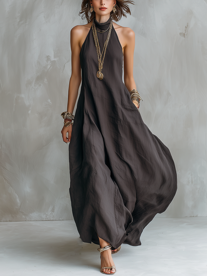 Robe maxi bohème ample épaules dénudées gris charbon