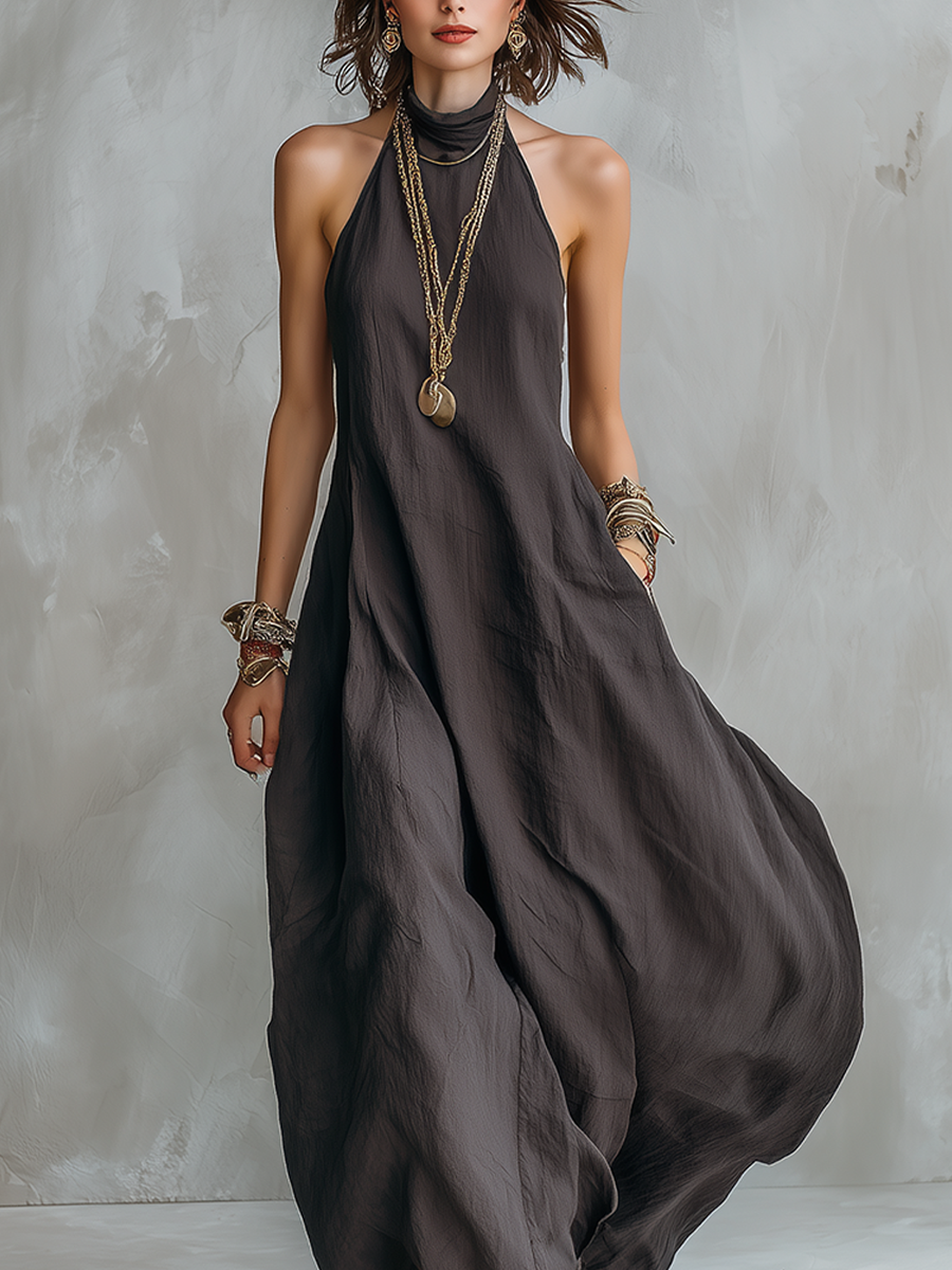 Robe maxi bohème ample épaules dénudées gris charbon