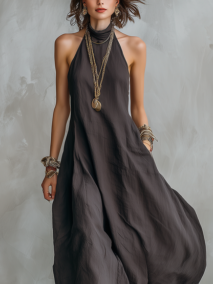 Robe maxi bohème ample épaules dénudées gris charbon