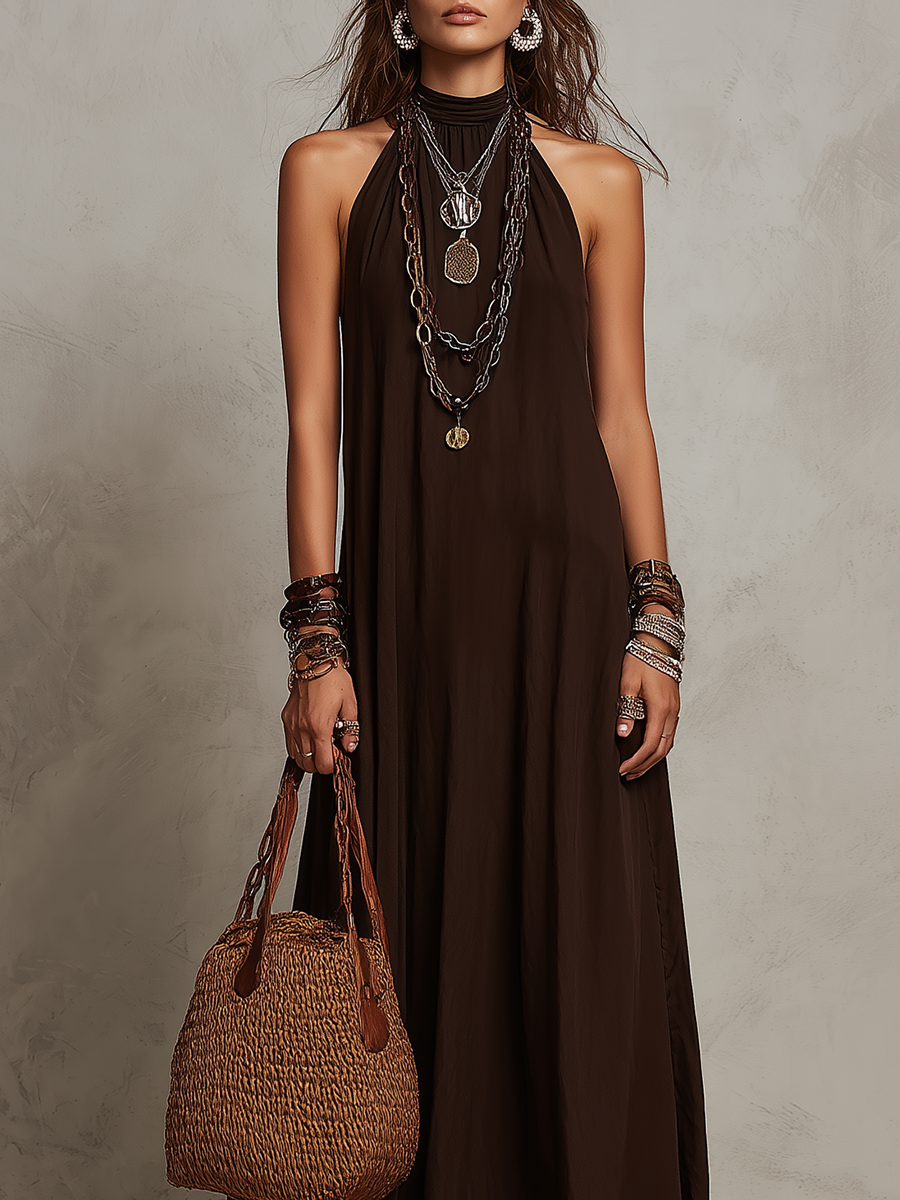 Robe longue minimaliste à col halter marron foncé