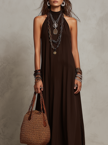 Robe longue minimaliste à col halter marron foncé
