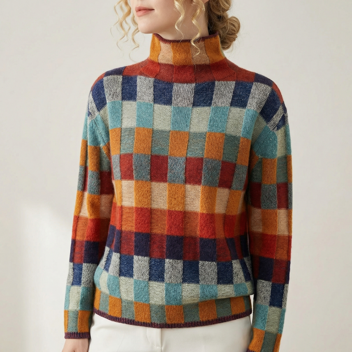 Cashmere Blend Turtleneck Sweater Geometric Knit Tailored Fit – Elara