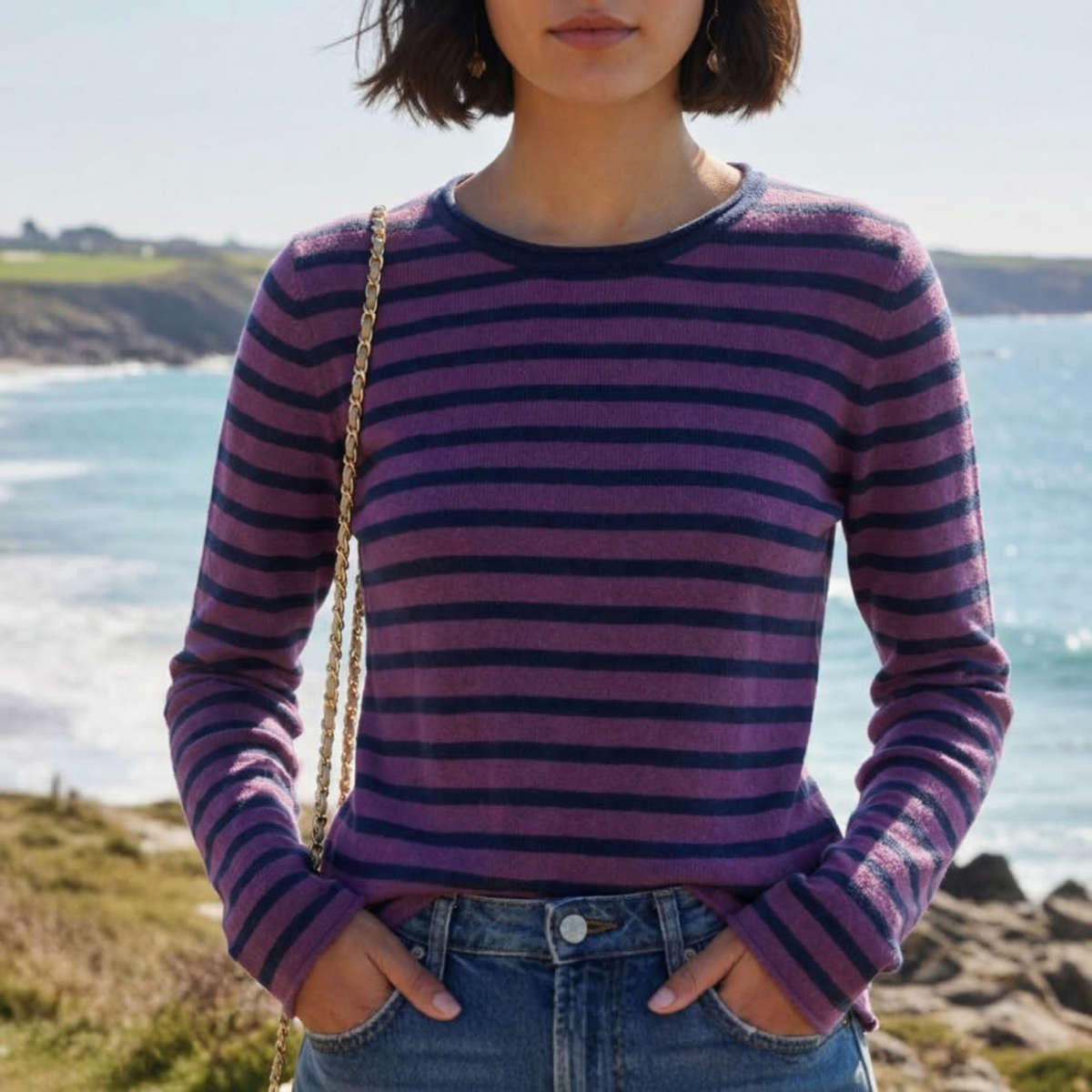 Cotton Striped O Neck Sweater for Women Curled Neckline – Elara