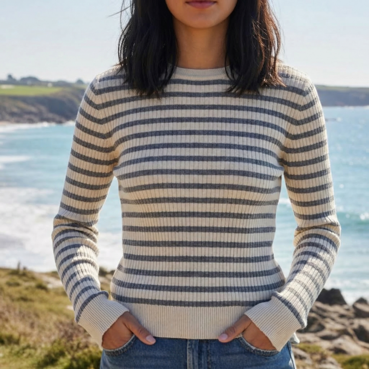 Cotton Striped O Neck Sweater for Women Curled Neckline – Elara