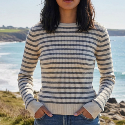 Cotton Striped O Neck Sweater for Women Curled Neckline – Elara