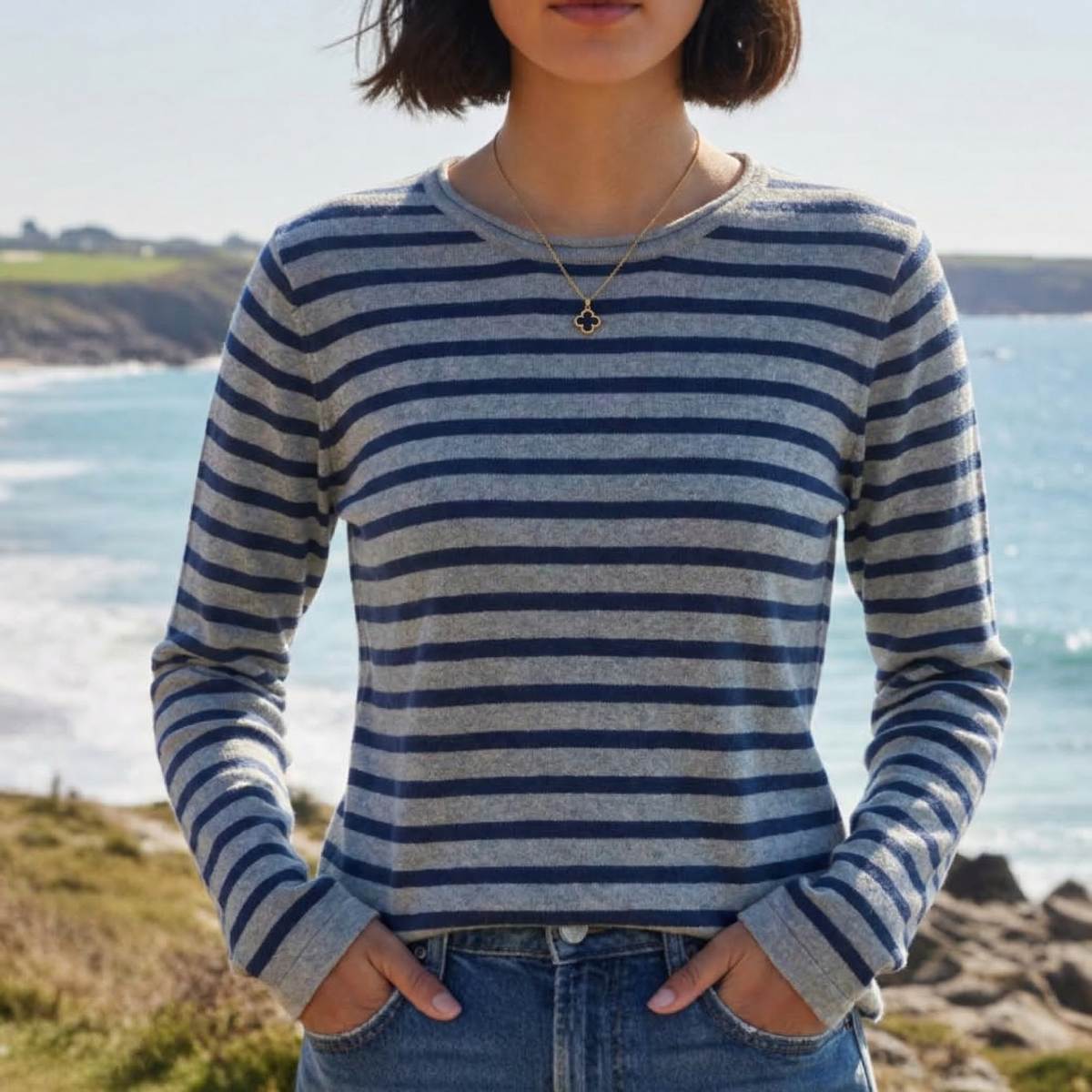 Cotton Striped O Neck Sweater for Women Curled Neckline – Elara