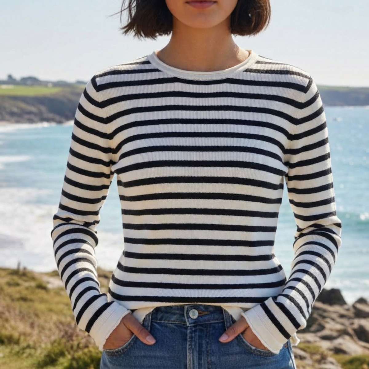 Cotton Striped O Neck Sweater for Women Curled Neckline – Elara