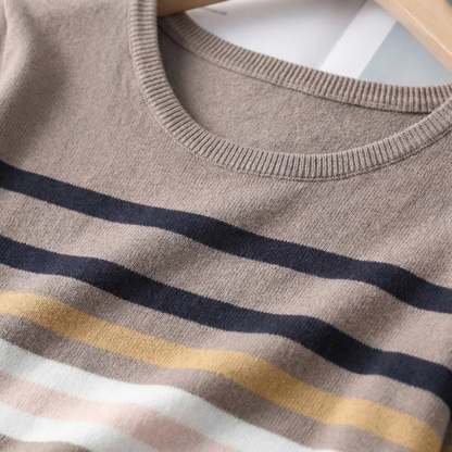 Striped Knit Sweater for Women Cotton Blend Round Neck – Elara