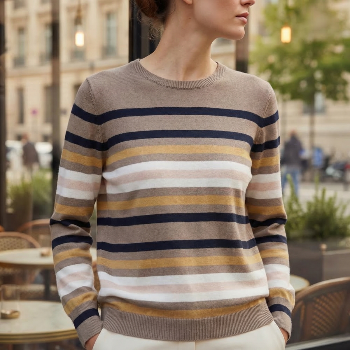 Striped Knit Sweater for Women Cotton Blend Round Neck – Elara