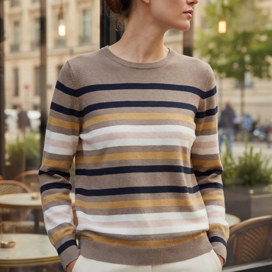 Striped Knit Sweater for Women Cotton Blend Round Neck – Elara