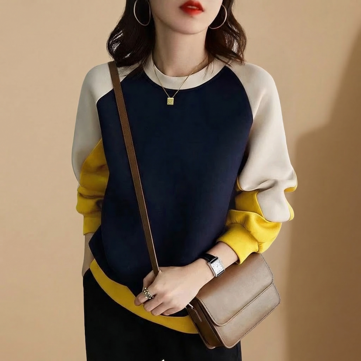 Women’s Patchwork Cotton Blend Sweatshirt Loose Fit O Neck – Marlowe