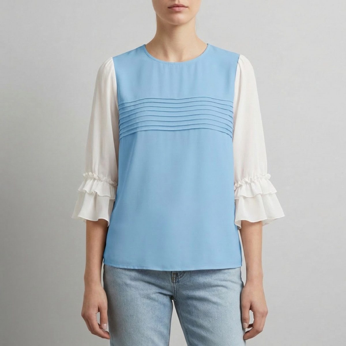 Women's Patchwork Work Blouse Cotton Blend Ruffled O-Neck – Celeste