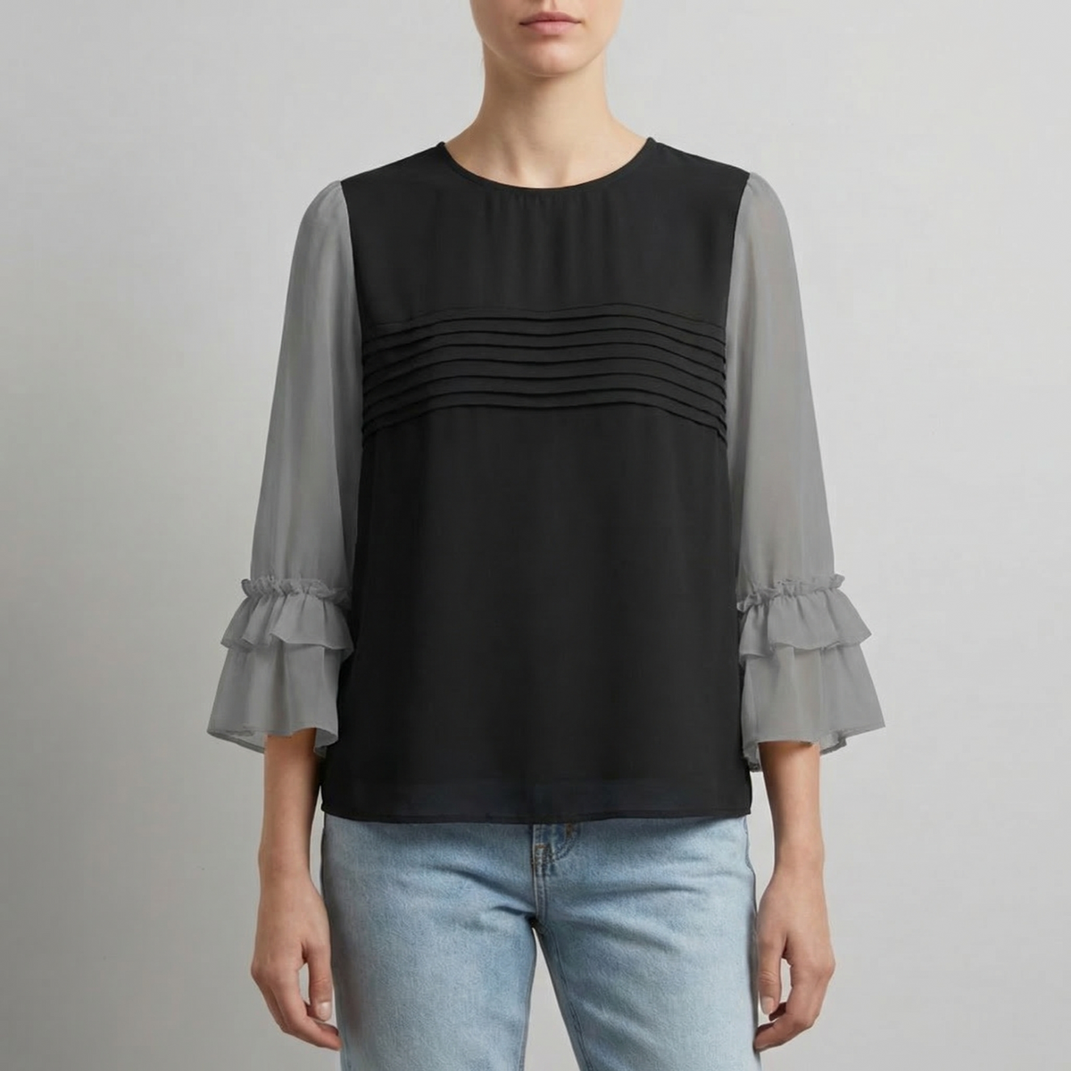 Women's Patchwork Work Blouse Cotton Blend Ruffled O-Neck – Celeste